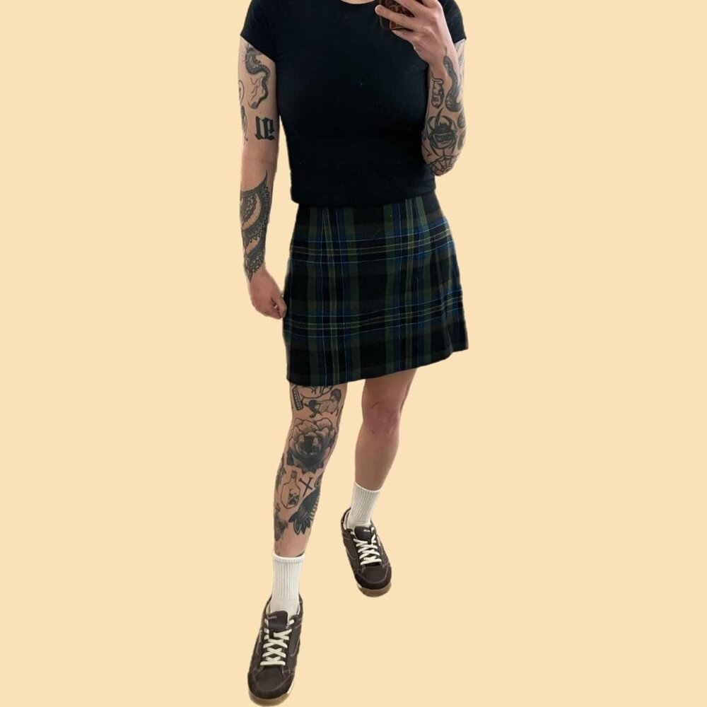vintage 90s blue green plaid preppy academia twee grunge mini wool blend skirt